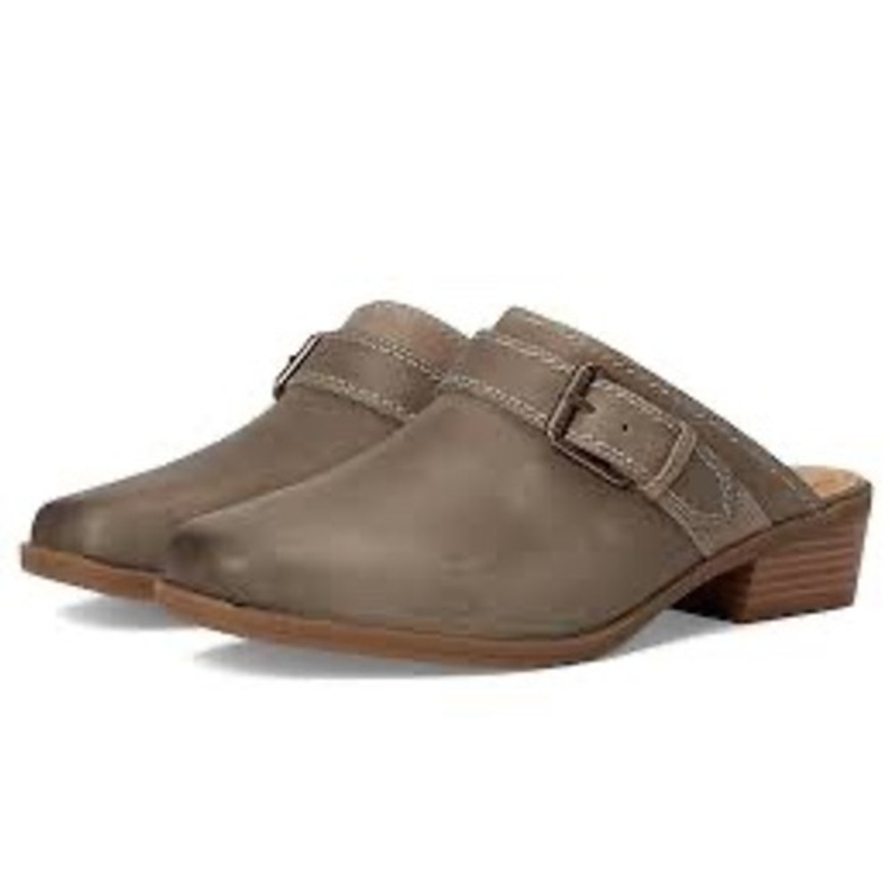 Clarks Collection Mules Womens 8.5W Taupe Excellent Leather Buckle‎ Block Heel